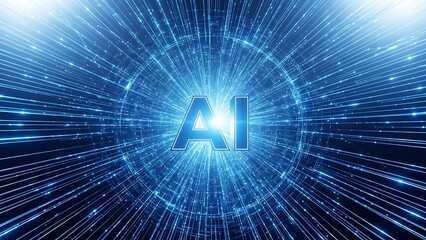 Futuristic AI technology concept with glowing data streams and 'AI' text in the center, representing advanced artificial intelligence and digital innovation