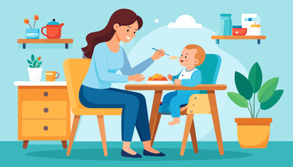 Mother feeding baby in high chair, happy family mealtime at home. Parenthood and childcare illustration.