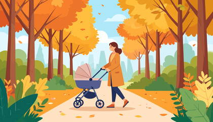 Mother walking baby in stroller through vibrant autumn park path, colorful fall trees, peaceful outdoor scene
