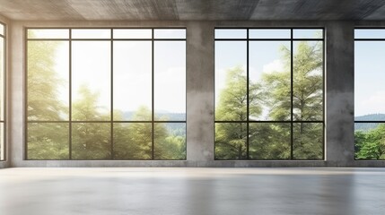 Fototapeta premium Spacious industrial loft with expansive floor-to-ceiling windows and sunlit exterior view