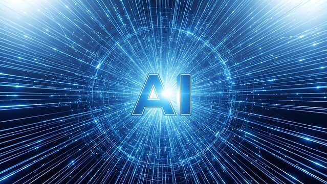 Futuristic AI technology concept with glowing data streams and 'AI' text in the center, representing advanced artificial intelligence and digital innovation - Powered by Adobe