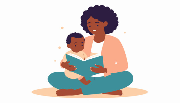 Smiling African American Mother Reading Book to Baby - Family Bonding & Early Education Illustration
