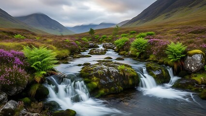Scottish Highlands Stream with Heather and Mountains.