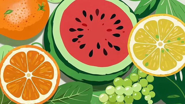 Vibrant Citrus Fruit Slice Collage With Watermelon Grapes Leaves.