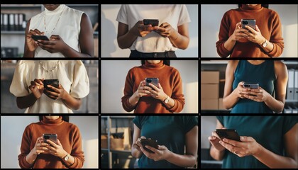 Collage of diverse female business managers using smartphones for communication and networking in the office environment, concept for digital literacy, connectivity and modern work life