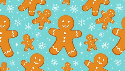 Gingerbread men and snowflakes pattern on teal backdrop. Holiday themed, cute, bright, repeating design