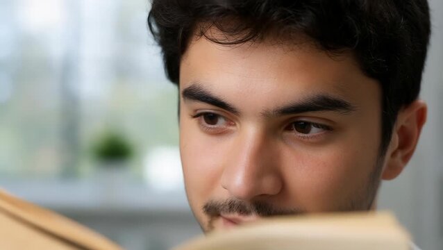 Young Male Reading a Book in a Bright Indoor Space