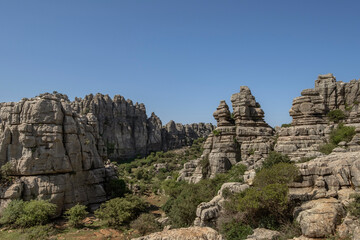 Rugged limestone landscape sculpted by karstic erosion in Torcal de Antequera Natural Park, Malaga, Spain