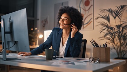 Happy African American customer support representative wearing headset using computer while working late, concept for customer service, remote assistance and business communication