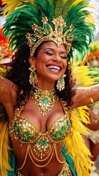 Joyful Brazilian Carnival dancer performing in a vibrant green and gold costume with feathers and sparkling jewelry, captured in real-time motion, celebrating culture, energy, freedom, and festive str