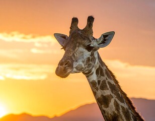 Giraffe portrait against a sunset backdrop, showcasing warm hues and a serene wild animal in its habitat