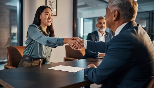 Smiling young Asian business professional shaking hands with senior executive across conference table, concept for successful hiring, partnership agreement and corporate merger