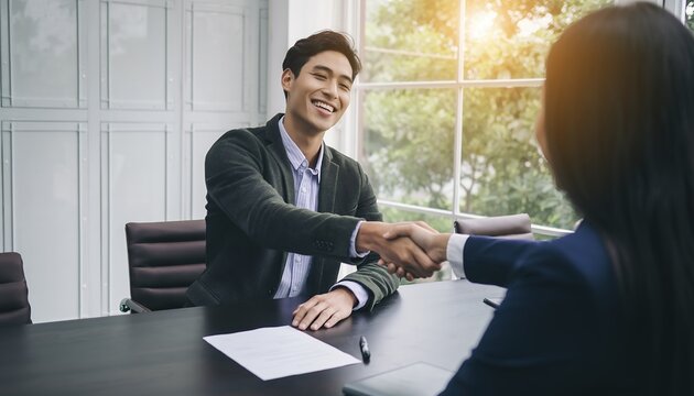 Smiling Asian male job candidate shaking hands with female HR manager over a signed contract on a conference table, concept for successful job interviews, business agreements and professional hiring