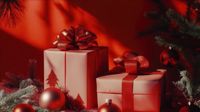 Gift wrapped presents on a Christmas tree with gold and red bows, sitting in front of festive lights.