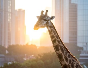 Giraffe portrait in golden light, against city skyscrapers. Warm hues highlight the animal's texture and elegant form