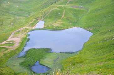 Aerial shot of a tranquil Dogyaska mountain lake nestled in lush green hills, with winding trails and grassy slopes. Ideal for nature, travel, and outdoor lifestyle visuals. Svydovets, Carpathians
