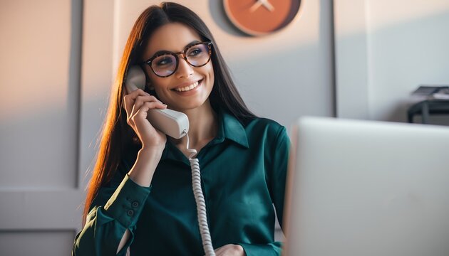 Smiling young female executive wearing glasses talks on a corded landline phone in a warm office setting, concept for corporate communication, customer service and business efficiency