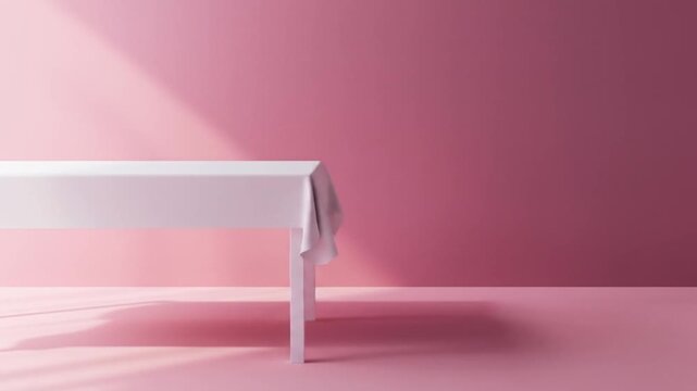 White table with tablecloth against pink wall & floor, dynamic light & shadows