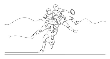 one single continuous line drawing of rugby players tackling