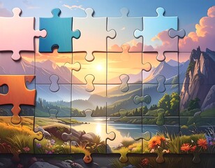 Jigsaw puzzle showing sunset mountains, lake & flowers. Some puzzle pieces are undone showing wood backing