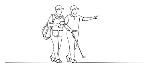 Fototapeta premium single continuous line drawing of a golfer and caddie on the course