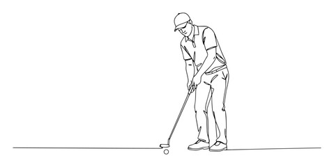 Obraz premium single one line drawing of a male golfer focused on a chip shot