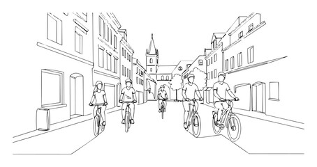 monochrome outline cyclists riding through old town street