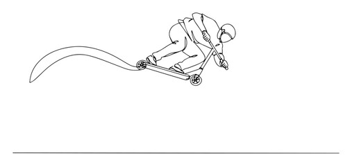 one continuous line drawing of scooter rider doing trick on ramp