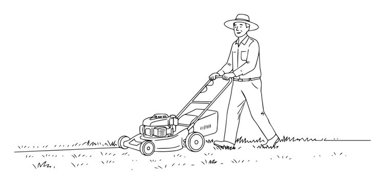 man mowing lawn with push mower line art vector illustration