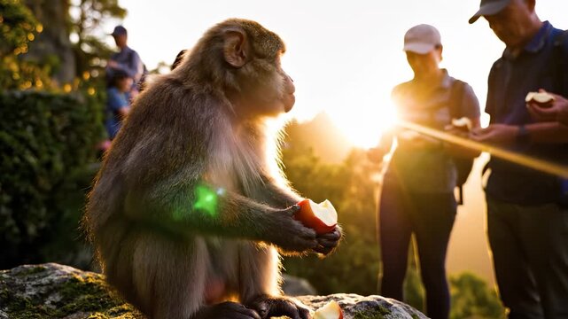 A monkey sits on a rock enjoying an apple while sunlight filters through the trees. The monkey and the apple highlight the harmony between nature and wildlife in this serene setting.
