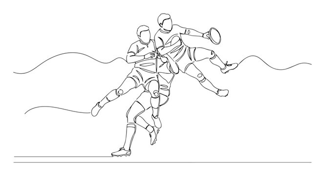 one single continuous line drawing of rugby players tackling - Powered by Adobe