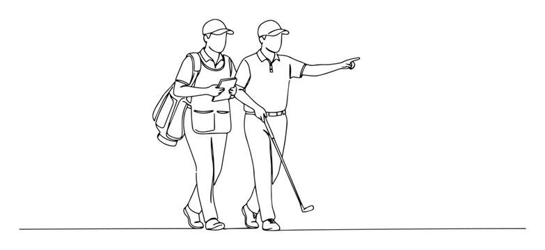 single continuous line drawing of a golfer and caddie on the course