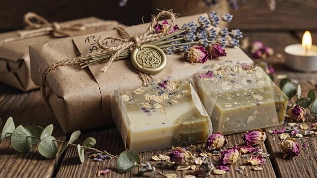 Rustic scene showing wrapped gifts with lavender and dried roses, alongside artisan soaps