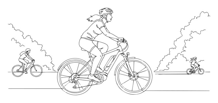 woman mountain biking through forest line art vector illustration