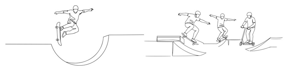 Obraz premium skatepark riders performing tricks on ramps outline vector