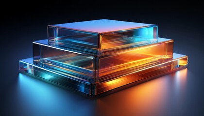 abstract minimalist 3d render of iridescent glass blocks with blue and orange reflections on dark background futuristic prism crystal design with metallic glow smooth gradient and neon shimmer