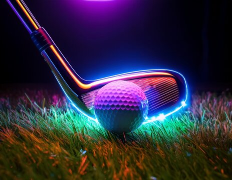 a glowing neon golf club and ball on a grass surface at night with vibrant neon colors adding an energetic twist to the classic sport