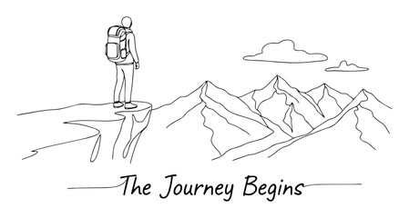 Naklejka premium Hiker with backpack standing on cliff with journey begins text
