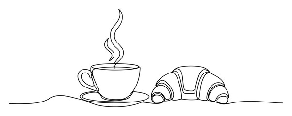 Continuous line drawing of a steaming coffee cup and a croissant