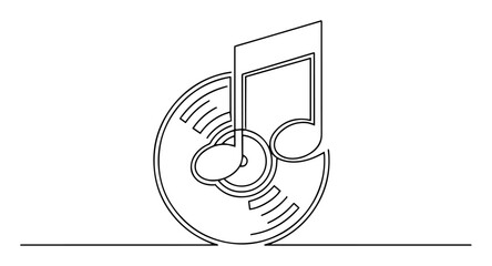 Continuous line drawing of a vinyl record with music note