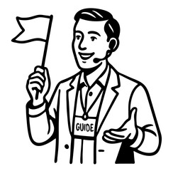 Professional guide with a flag engaging travelers during a tour in a vibrant city setting