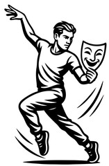 Dancer in dynamic motion with a mask in hands showcasing creativity and expression in a vibrant performance