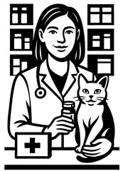 Veterinarian caring for a cat in a clinic setting with tools for animal health