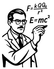 Physicist writing famous formulas on a whiteboard while engaging in scientific work