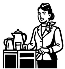 Flight attendant serving refreshments with a cart in an airplane cabin during a flight