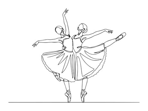 Continuous line drawing of two ballerinas performing a dance