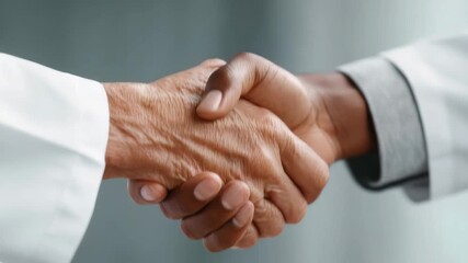 Professional interaction between medical professionals with a warm handshake, emphasizing cooperation and trust. - Powered by Adobe