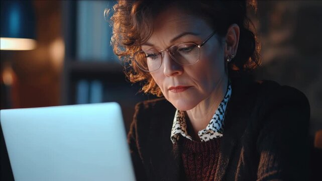 A woman in glasses working on a laptop, deeply engrossed in solving a case.
