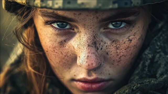 A young female soldier in a combat uniform, showing determination and resilience. Muddy face indicates recent battle or training exercise.