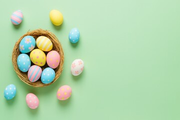 Obraz premium Pastel Easter eggs arranged in basket on light green background, spring holiday composition with empty space for text, easter mockup design, seasonal content, editorial use, digital, social media.